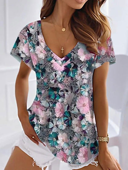 Women's T-shirt Floral Pink Blue Purple Printed Short Sleeve Holiday Weekend Tunic V-neck Regular Style