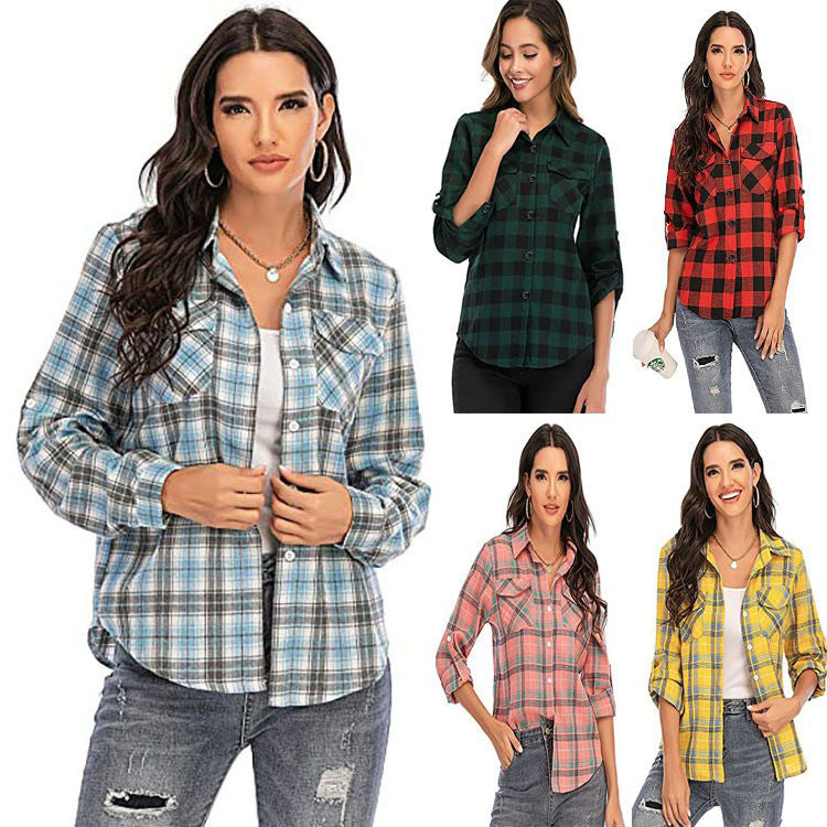 European And American Retro Plaid Women's Clothing All-matching Lapel Long Sleeve Shirt Coat