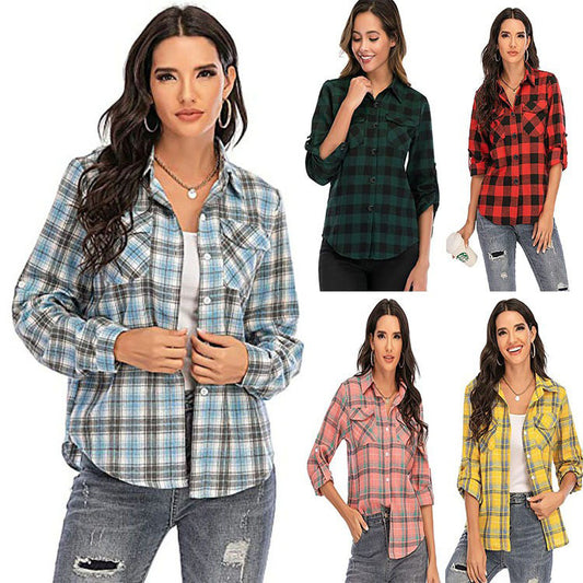 European And American Retro Plaid Women's Clothing All-matching Lapel Long Sleeve Shirt Coat