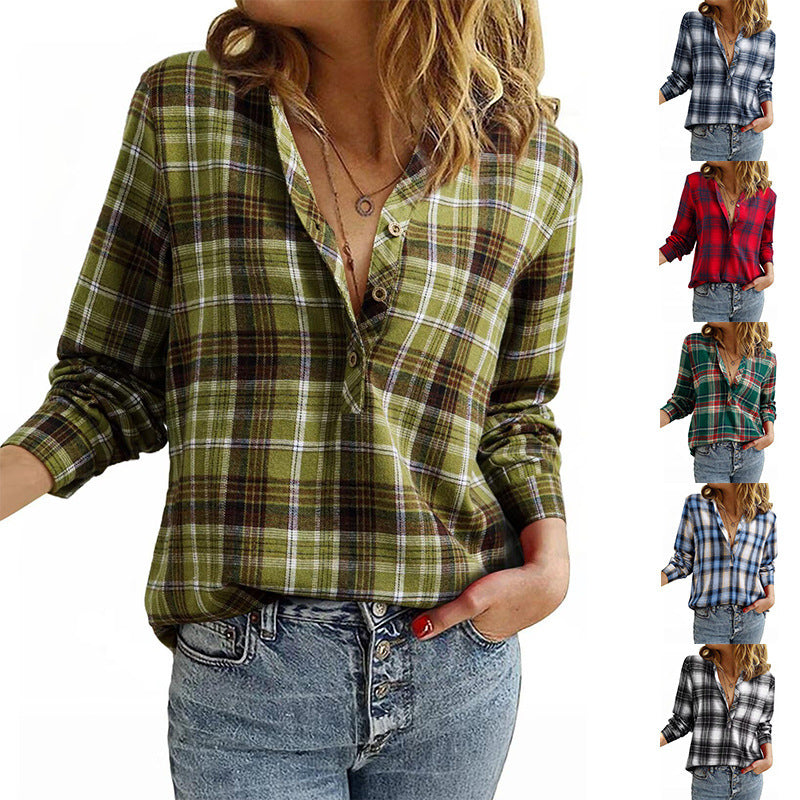 Women's V-neck Plaid Shirt Fashion Casual Shirt