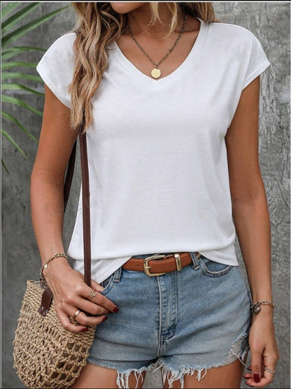 Spring And Summer Solid Color Short-sleeved V-neck Simplicity T-shirt Top For Women