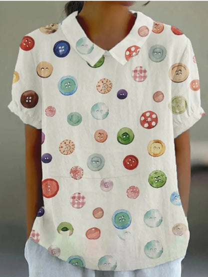 Women's Floral Stitching National Style Printing Lapel Short Sleeve