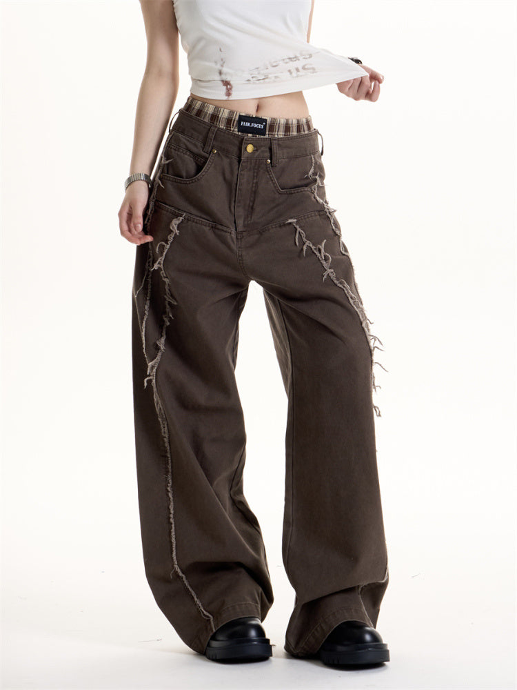American Retro Style Wool Tassel Deconstructive Design Jeans