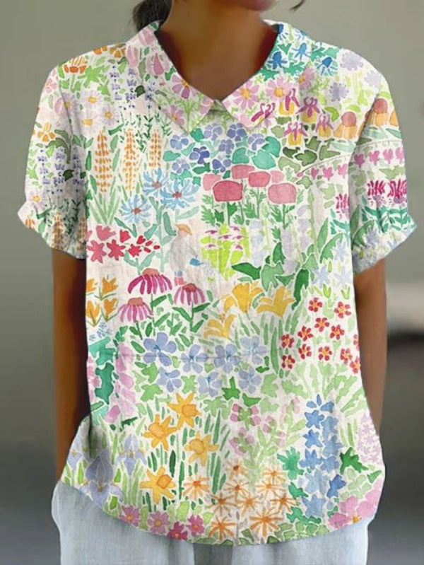 Women's Floral Stitching National Style Printing Lapel Short Sleeve