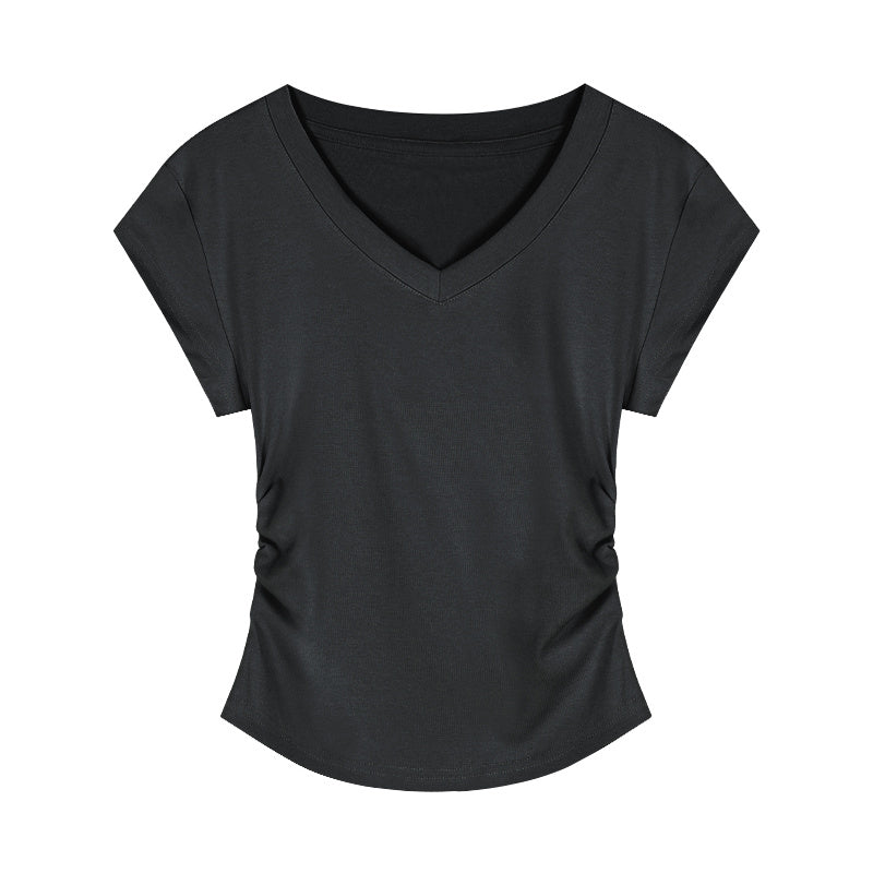 V-neck Short-sleeved Shoulder T-shirt Design Tight Waist Bottoming Shirt
