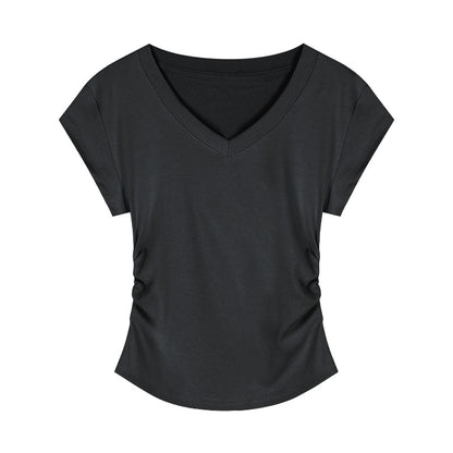 V-neck Short-sleeved Shoulder T-shirt Design Tight Waist Bottoming Shirt
