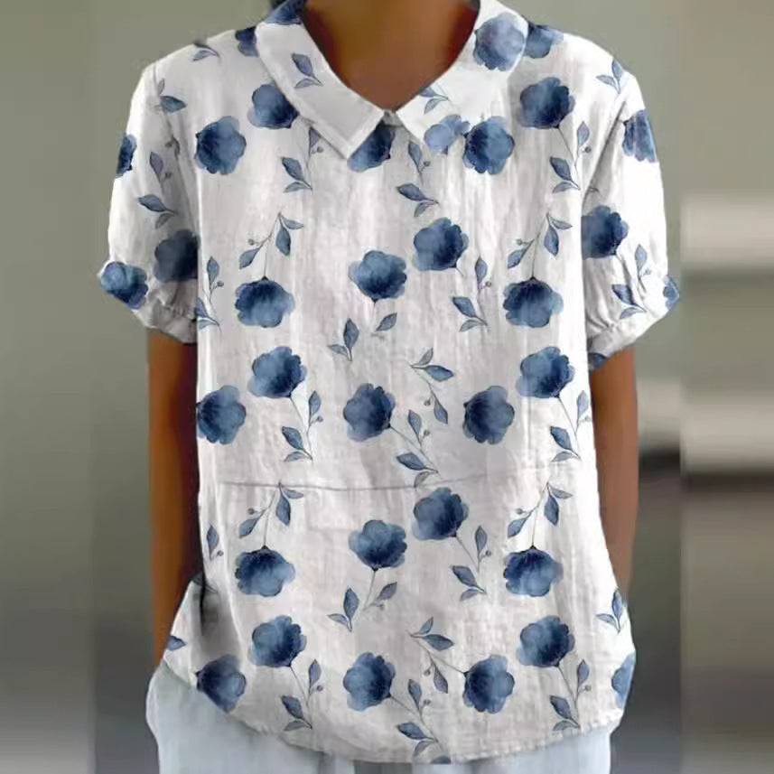 Women's Floral Stitching National Style Printing Lapel Short Sleeve