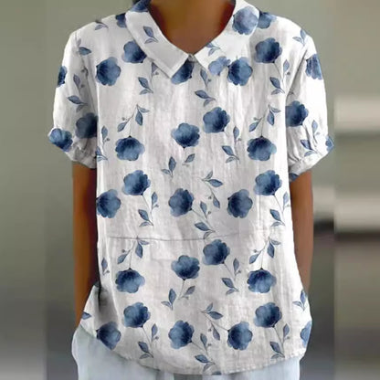 Women's Floral Stitching National Style Printing Lapel Short Sleeve