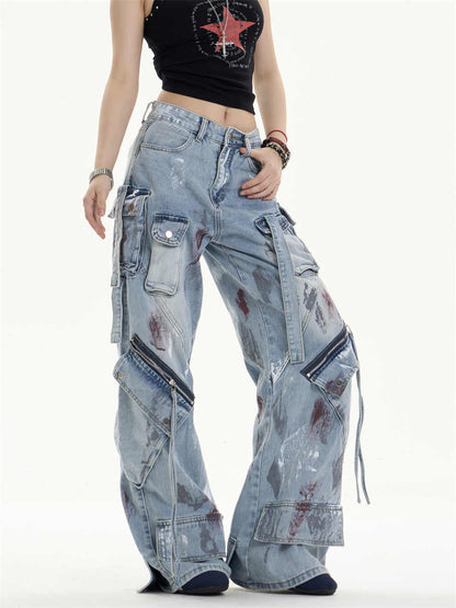 Multi-Pocket Workwear Jeans Women's Loose Wide-leg Pants