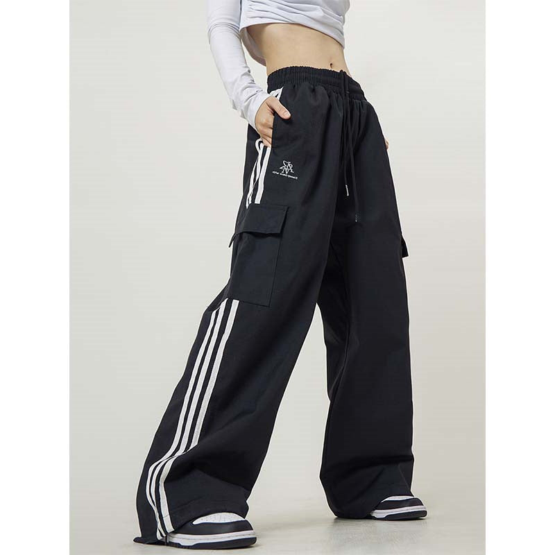 Retro Side Striped Overalls Women's Straight Casual Pants