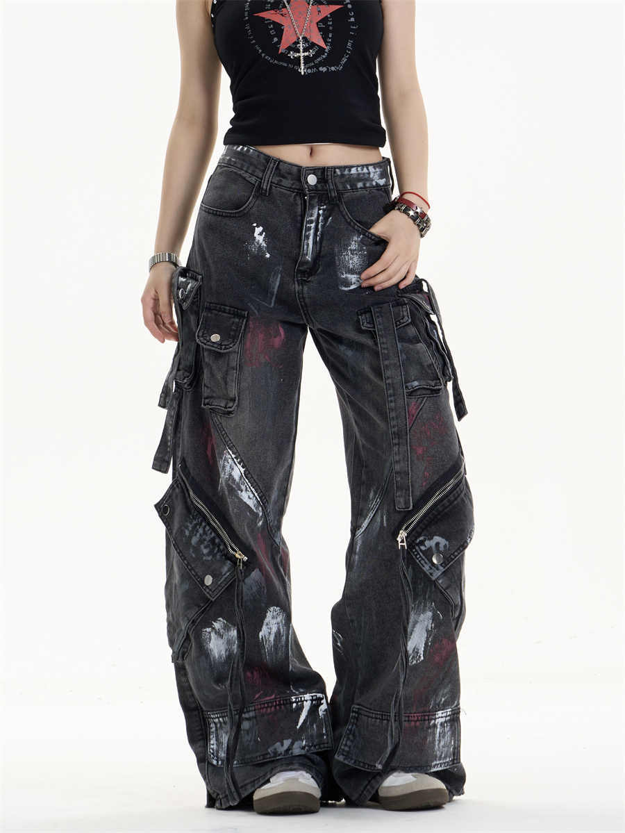 Multi-Pocket Workwear Jeans Women's Loose Wide-leg Pants