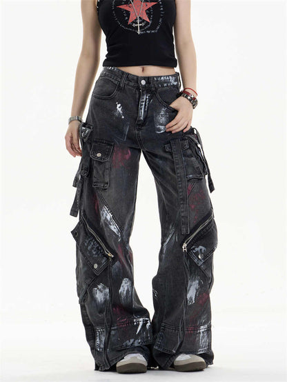 Multi-Pocket Workwear Jeans Women's Loose Wide-leg Pants