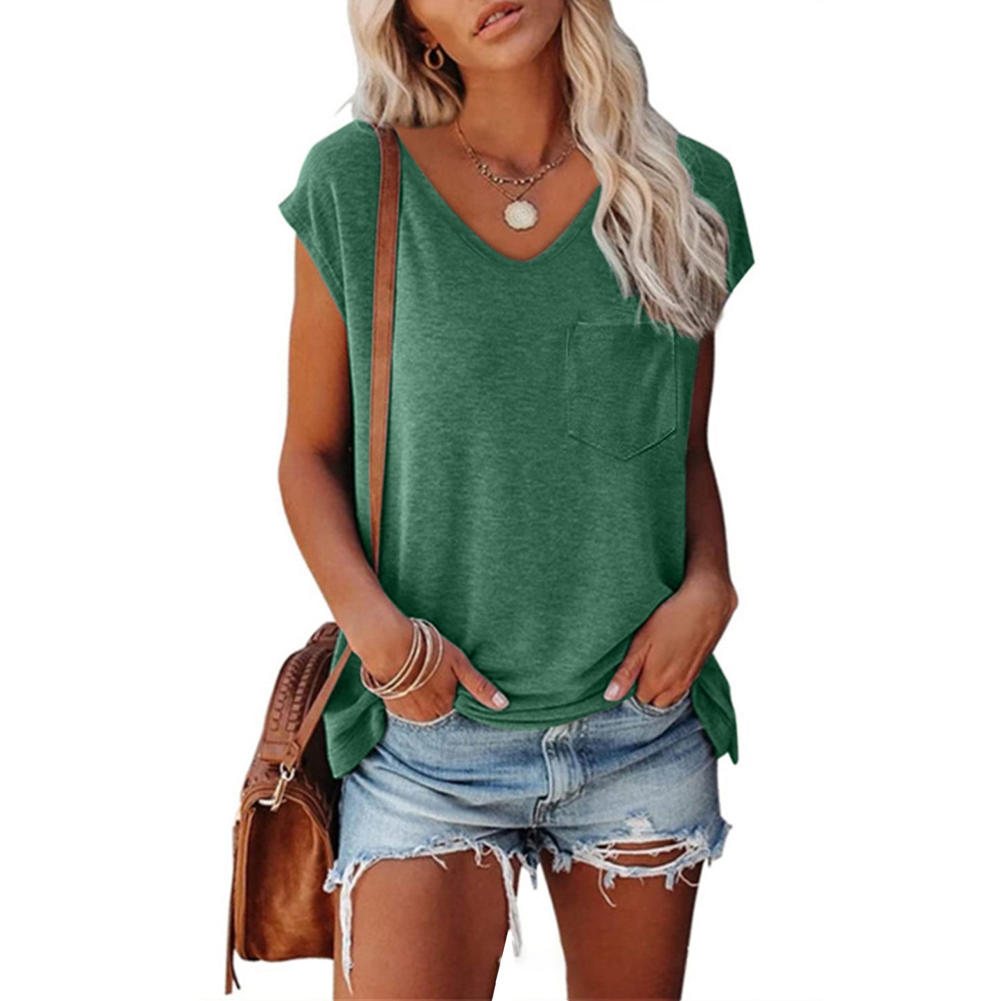 Women's Solid Color Vest Pocket V-neck Short-sleeved T-shirt With Shoulder