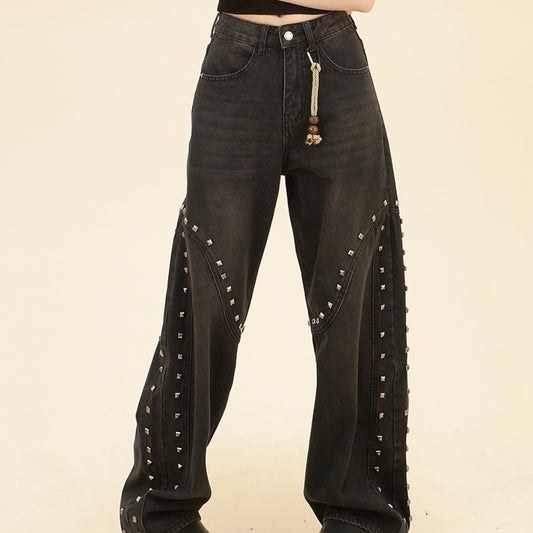 Rivet Design Washed Jeans Retro Wide-leg Pants