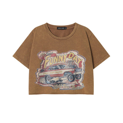 Retro Distressed Printed Short Sleeve Round Neck Shoulder Width Loose