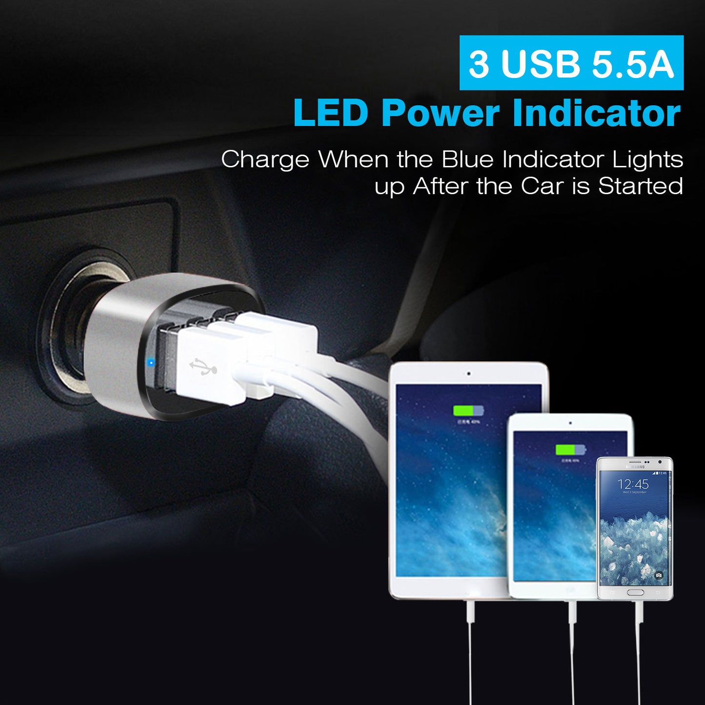1Pc 3Port USB Car Charger  30W 5.5A For IOS Phone 16 15 14 And More