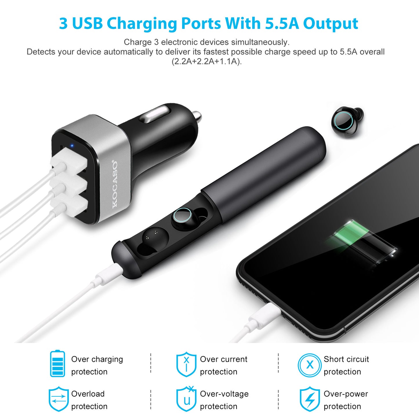 1Pc 3Port USB Car Charger  30W 5.5A For IOS Phone 16 15 14 And More