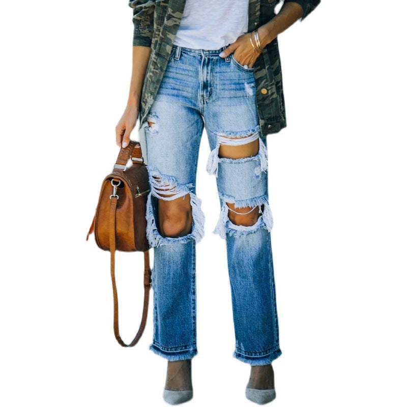 Ripped Foot Burr Fashion Straight Pants