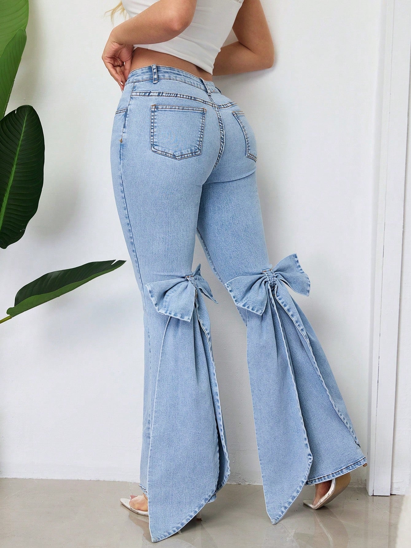 Three-dimensional Bow Slim-fit Mid-stretch Mop Horn Denim Trousers