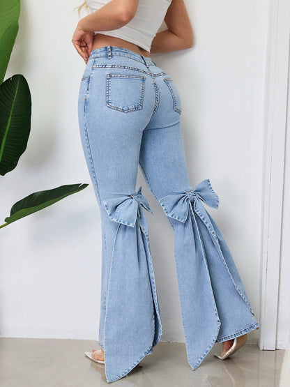 Three-dimensional Bow Slim-fit Mid-stretch Mop Horn Denim Trousers