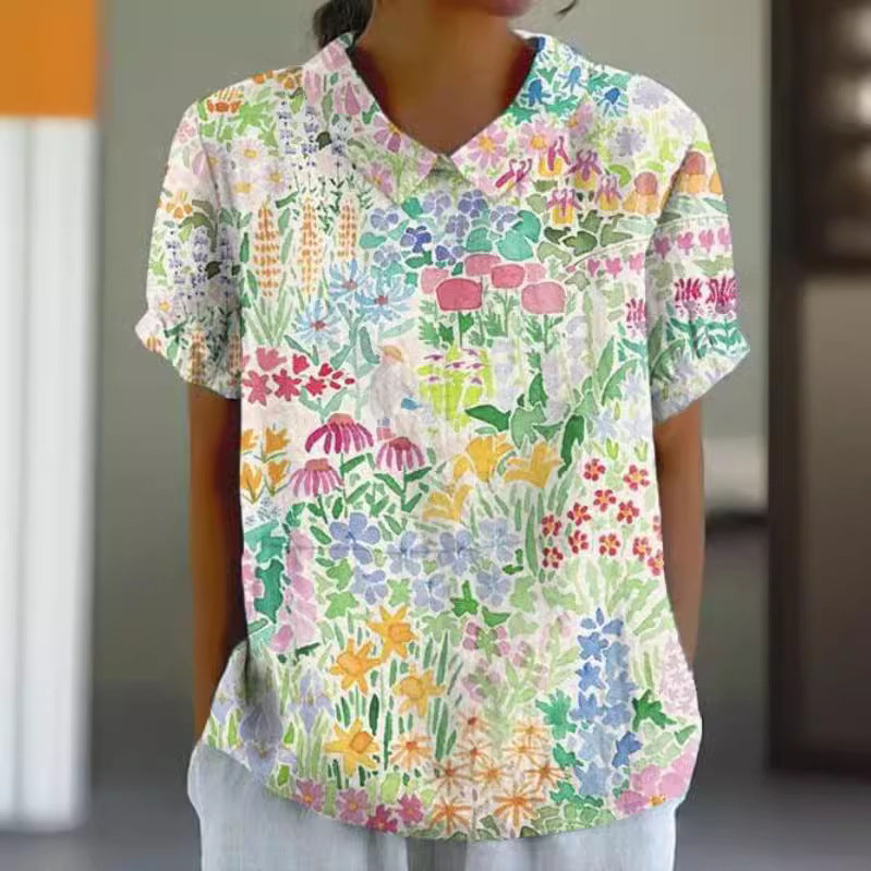 Women's Floral Stitching National Style Printing Lapel Short Sleeve