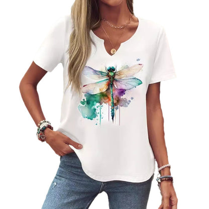 New V-neck Female Animal Print Casual All-match Short-sleeved Top