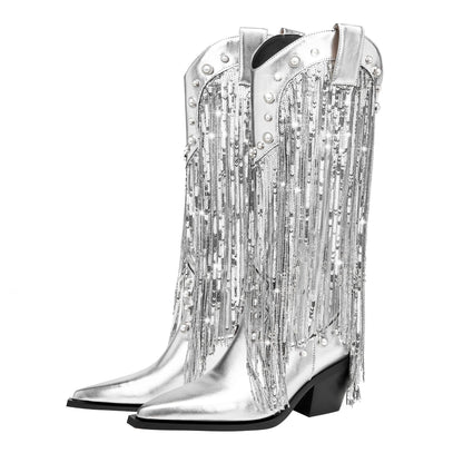 Sequin Tassel Pointed Sleeve High Leg Boot
