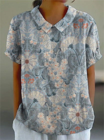 Women's Floral Stitching National Style Printing Lapel Short Sleeve