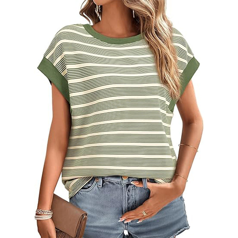 Women's Clothing Stylish Loose Round Neck Stripe Knitted T-shirt