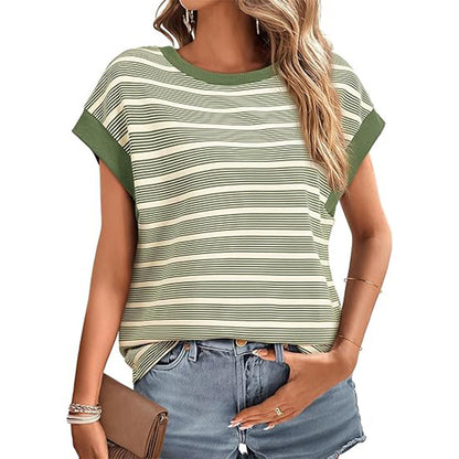 Women's Clothing Stylish Loose Round Neck Stripe Knitted T-shirt