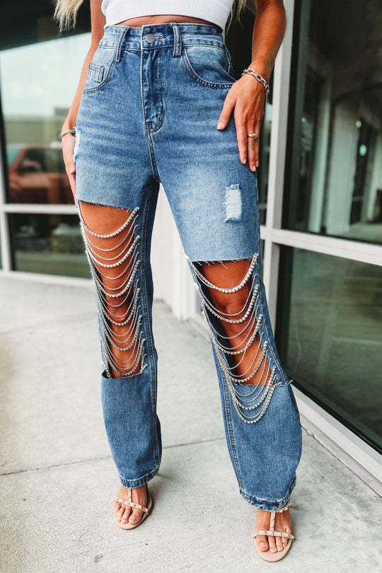 Big Ripped Jeans Women's Chain Ornaments Straight-leg Pants