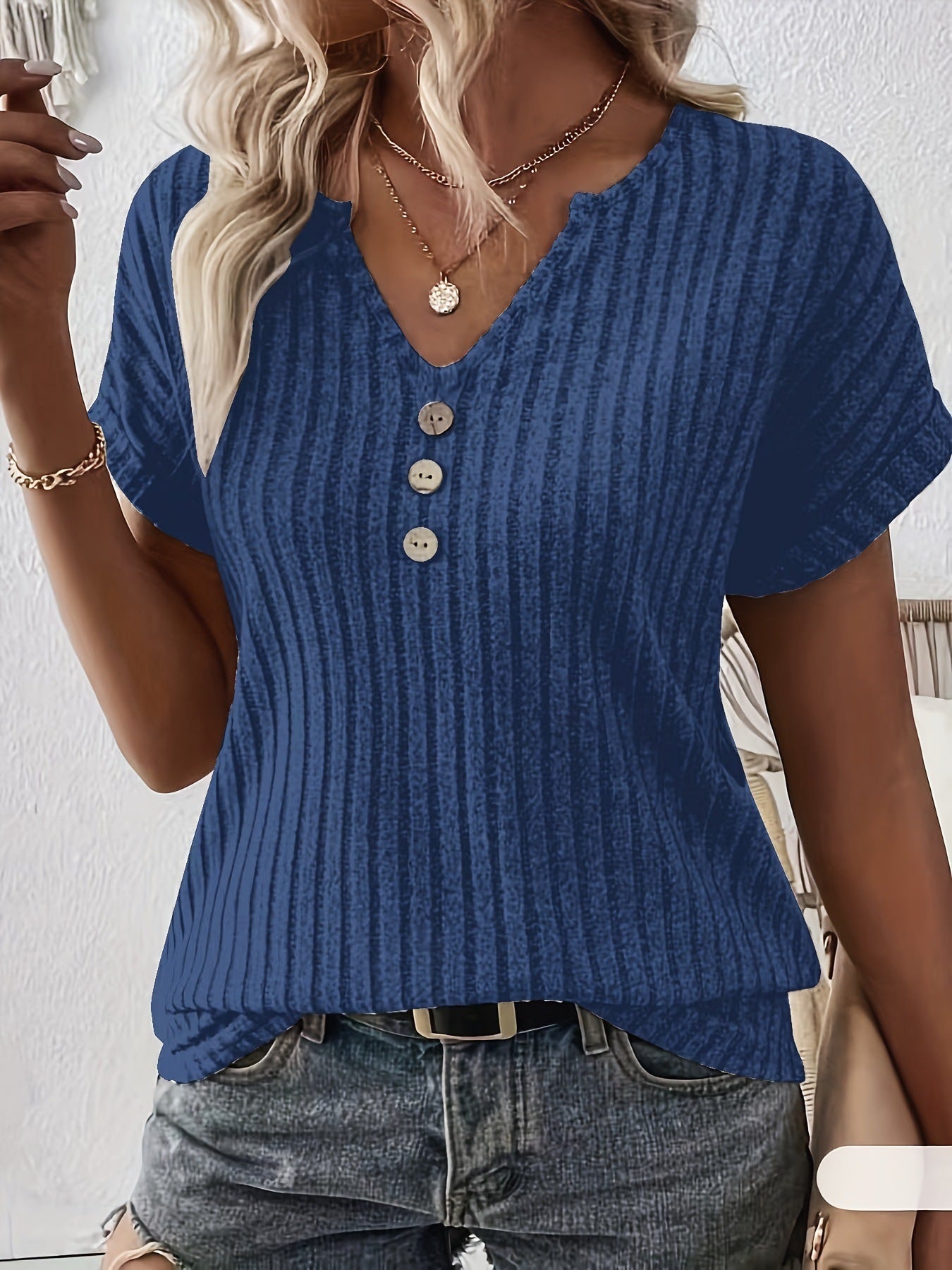 Casual Elegant Cashmere Sunken Stripe Short Sleeve T-shirt Blouse Top