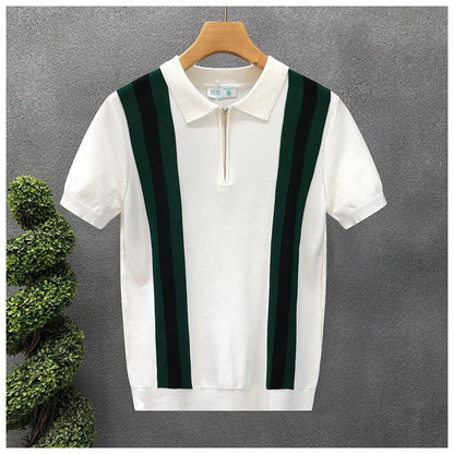 Contrast Color Lapels Half Zipper Knitted Short Sleeve