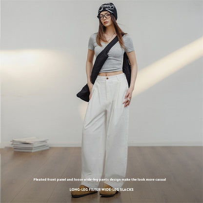 Retro White Casual Cotton Loose Straight Cargo Pants