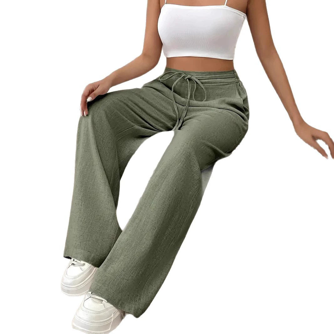 European And American Women's Clothing Casual Wide Leg Lace-up Pocket Casual Pants