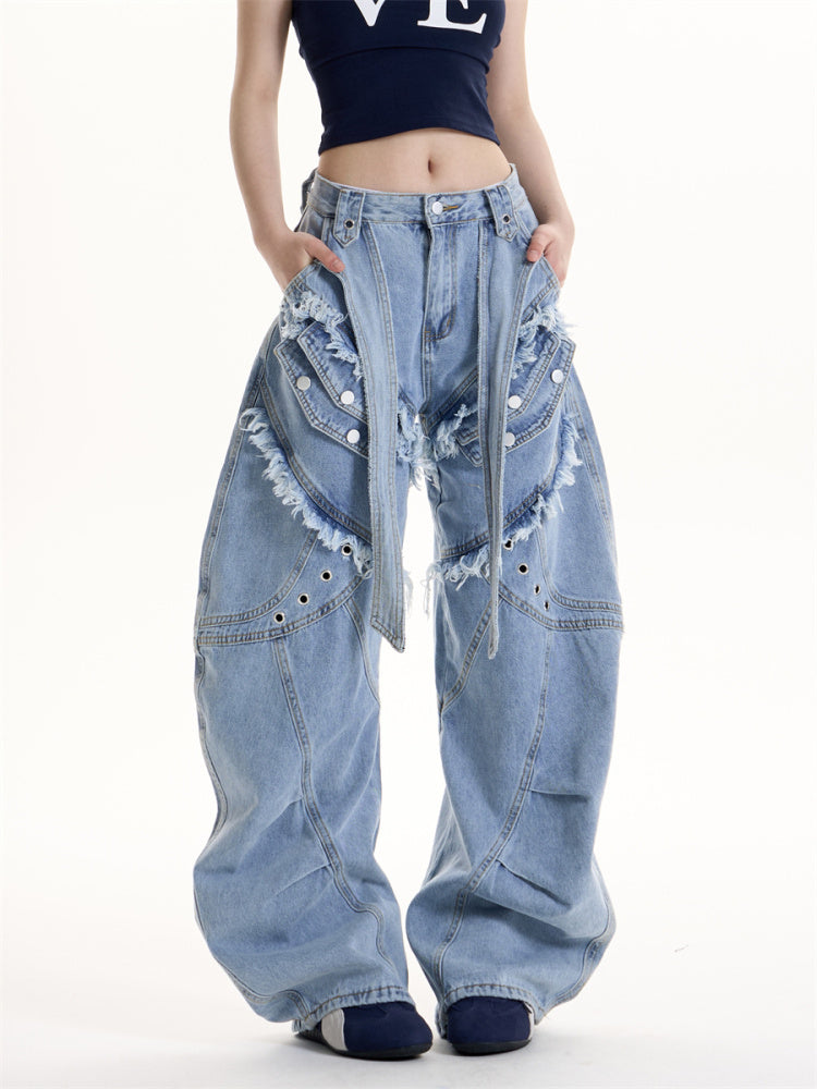American Retro Heavy Industry Mechanical Style Deconstruction Cargo Jeans
