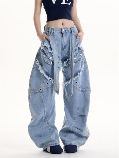 American Retro Heavy Industry Mechanical Style Deconstruction Cargo Jeans