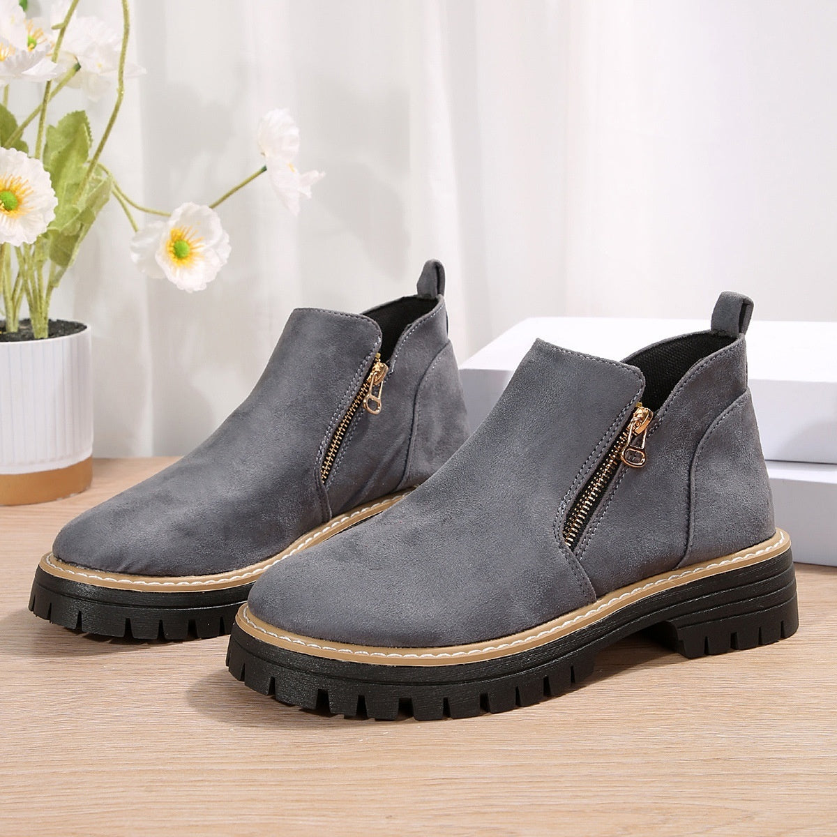 Fashion Ankle Boots With Side Zipper Ins Chunky Boots Autumn Winter Suede Shoes Women
