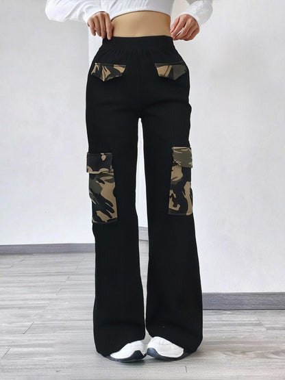 High Street Fashionable Overalls Pocket Camouflage Stitching Trousers