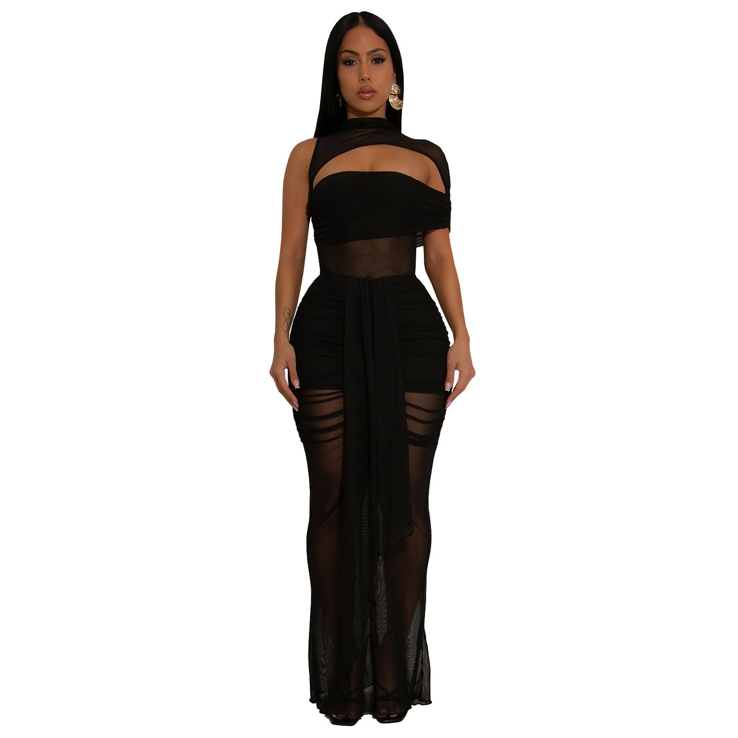 Women's Wear Sexy Transparent Mesh Arm Covering Dress