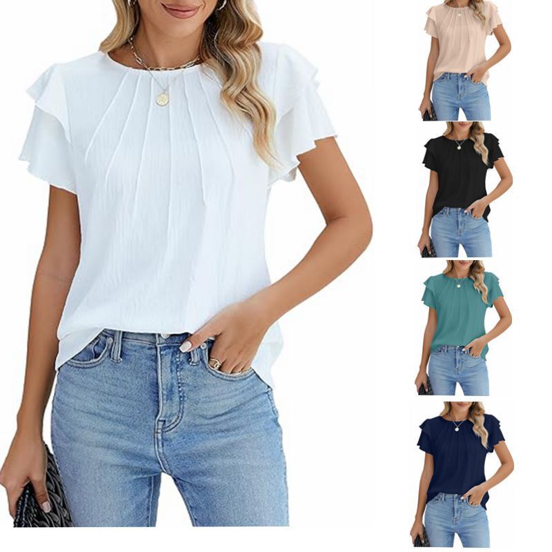 Summer Pleated Short Sleeve Round Neck Top Business Work Shirt
