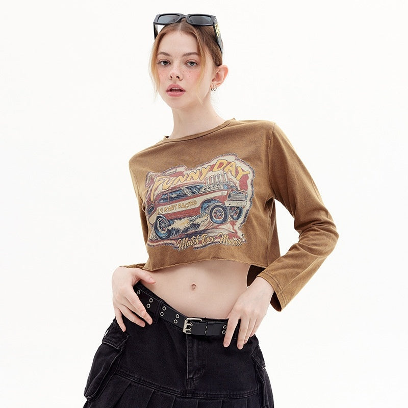 Retro Distressed Printed Short Sleeve Round Neck Shoulder Width Loose