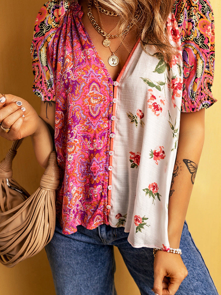 Fashion Floral Printed V-neck Single-breasted Shirt